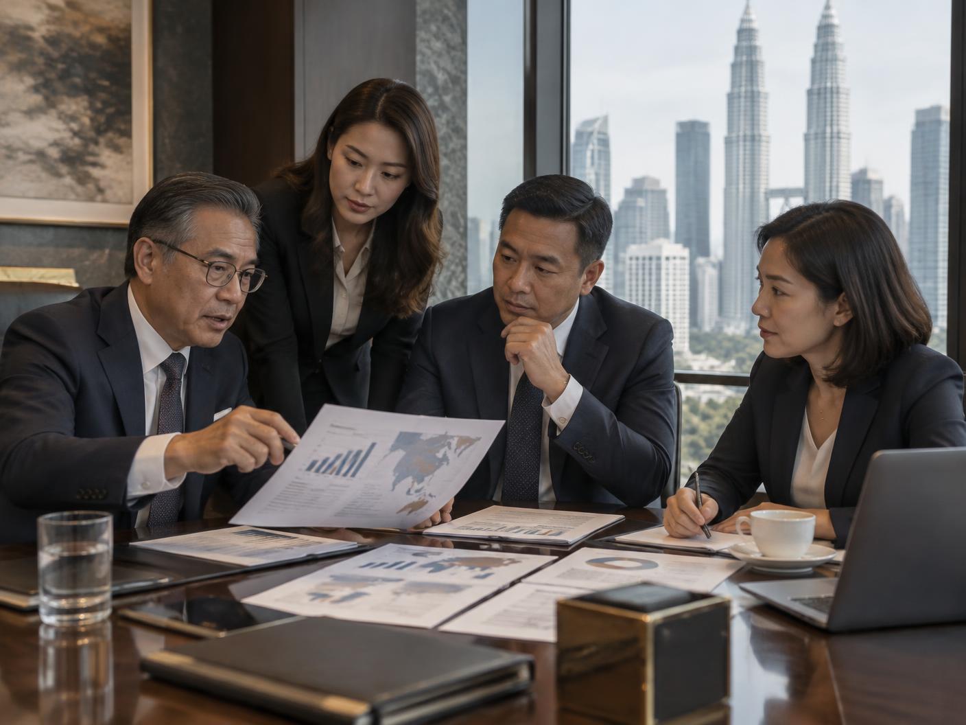 Business consultants reviewing regional strategy in a Kuala Lumpur boardroom