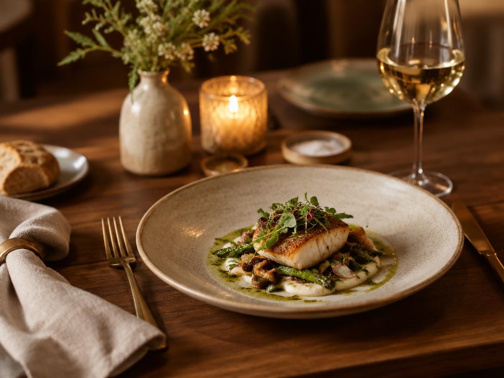 Restaurant table setting with a plated dish in warm light