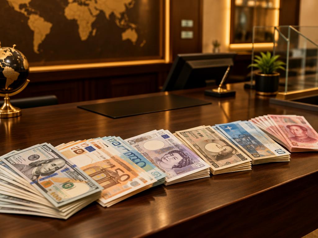 Currency exchange counter with neatly arranged banknotes