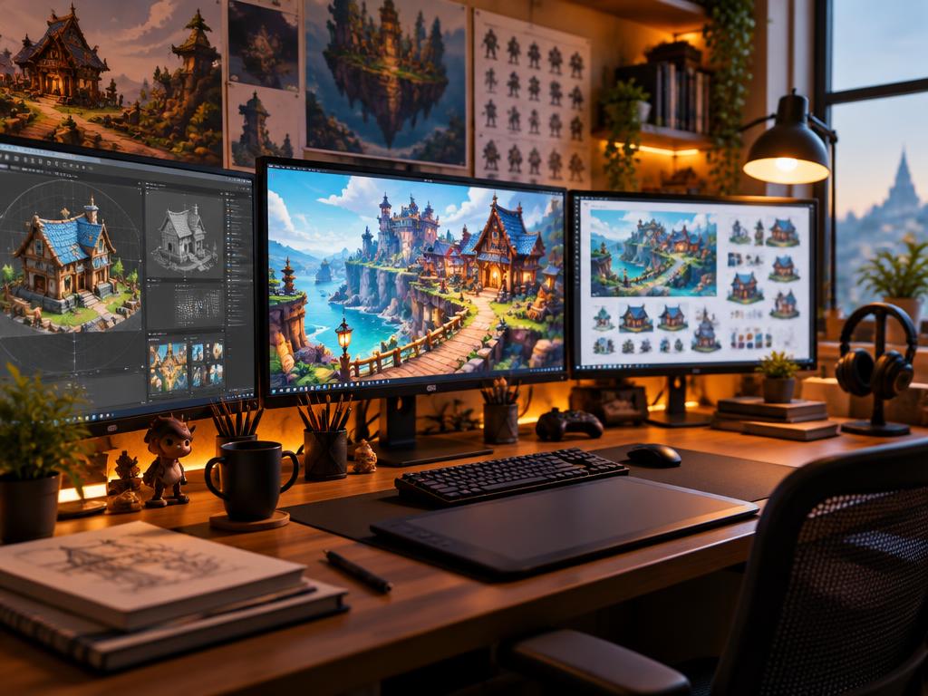 Creative entertainment studio with screens showing original digital content