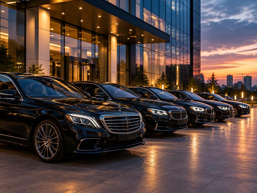 Fleet of executive sedans parked outside a modern building